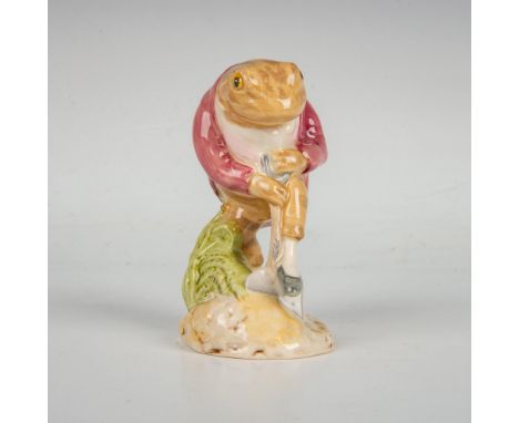 Hand-painted porcelain figurine modeled as Mr. Jeremy Fisher; a brown frog digging with a shovel under his foot. Beswick Beat