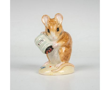 Mouse figurine spilling beans from a container. Royal Albert backstamp. This item has its original box. Box measures: 2"L x 2