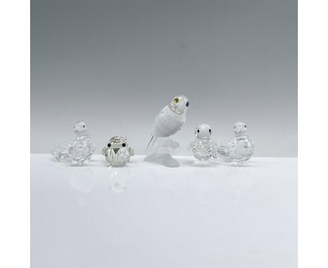 A set of 5 that includes a duck (012728) standing with frosted feet, a serene sparrow (010017) at rest, a vibrant parrot (119