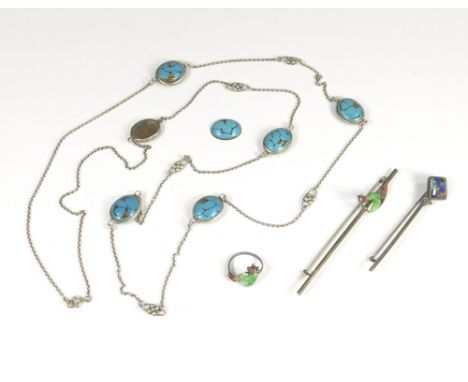 SILVER & ENAMEL. An Arts & Crafts silver & enamel long necklace, each double sided plaque enamelled in turquoise & with foil 