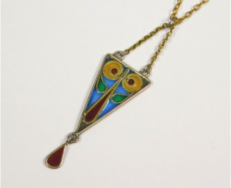 PLIQUE-A-JOUR. A triangular plique-a jour enamel pendant. Length of drop 3.5cm.