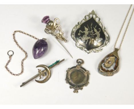 SIAM SILVER ETC. Miscellaneous silver costume jewellery including Siam silver, a silver fob, an amethyst egg on silver chain 