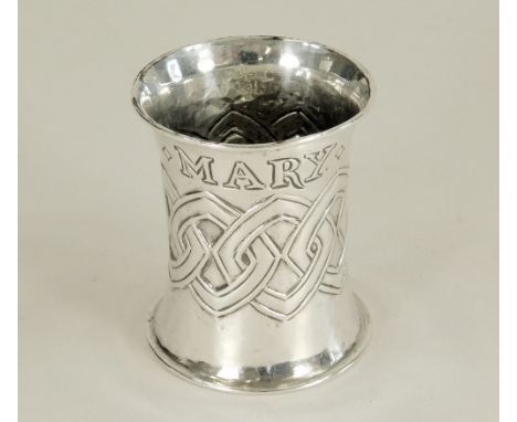ARTS & CRAFTS. An Omar Ramsden & Alwyn Carr Arts & Crafts silver napkin ring with Celtic design & named for Mary. London 1916