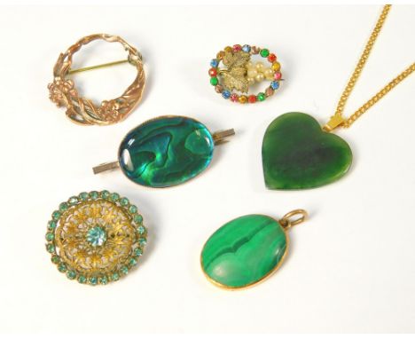 COSTUME JEWELLERY. A malachite pendant, a jade heart shaped pendant &amp; other costume jewellery.