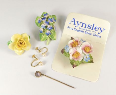 COSTUME JEWELLERY. Aynsley, Adderley &amp; other china floral brooches. Also, a pair of 9ct. gold cultured pearl earrings &am