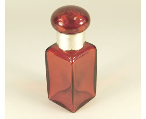 GEORG ADAM SCHEID. An Austrian silver mounted ruby glass scent bottle, the lid guilloche enamelled. The collar initialled G.A