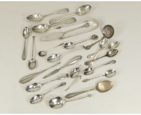 FLATWARE. Miscellaneous teaspoons, sugar tongs, a butter knife &amp; two silver mounted manicure tools. Total weight approx. 