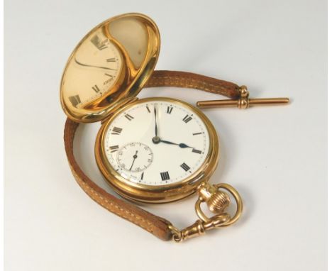 POCKET WATCH. A 1930's 9ct. gold cased full hunter pocket watch, the leather watch strap with 9ct. gold clip & T-bar. Swiss m