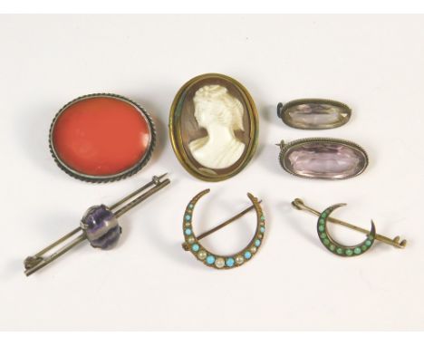 SILVER BROOCHES ETC. Four various silver brooches set with amethyst &amp; agate. Also, two early 20th century brooches &amp; 