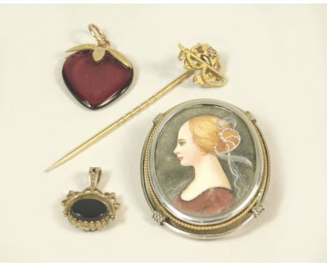 PORTRAIT BROOCH ETC. A hand painted portrait miniature in brooch mount, a swivel fob pendant, one other pendant & a stick pin