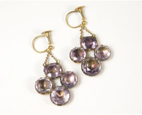 GEORGIAN EARRINGS. A pair of Georgian gold &amp; faceted amethyst earrings hung on fine gold chains. Closed back settings &am