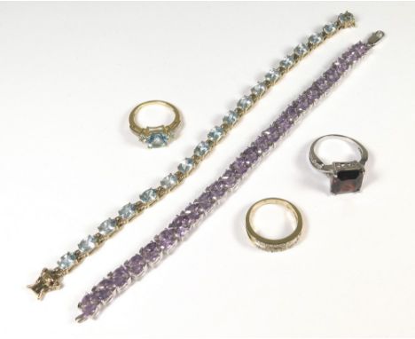 COSTUME JEWELLERY. Including a silver & amethyst bracelet, three silver rings & a gold plated bracelet.