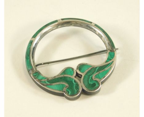 MALACHITE. A large Victorian Scottish style silver &amp; malachite cloak pin. Diameter 6cm.