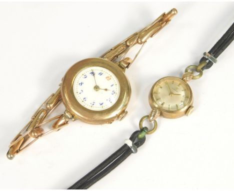GOLD WATCHES. A lady's 15ct. gold wristwatch on 15ct. gold expanding strap. Also, a 9ct. gold cased Tissot wristwatch.Importa