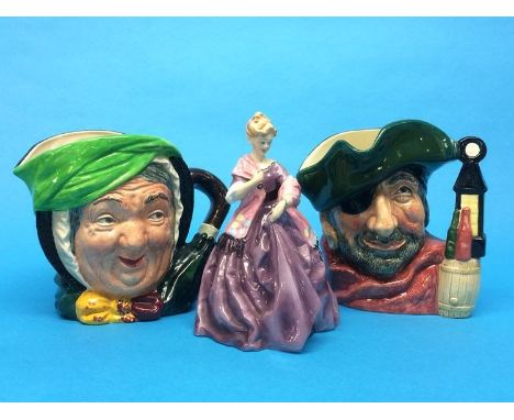 A Royal Worcester figure, 'First Dance' and two Royal Doulton character jugs