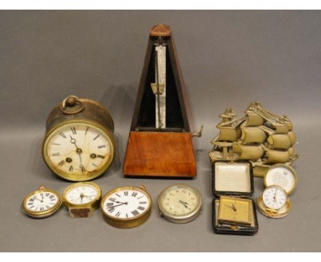 A Japy Freres Brass Cased Drum Clock, together with various travelling clocks and metronomes 