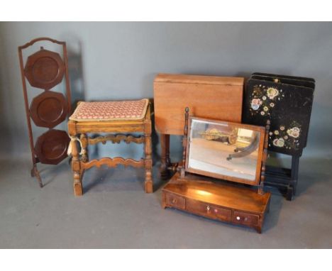 An Oak Carolean Style Stool, together with a folding three tier cake stand, a box toilet mirror, a nest of tables and a mahog