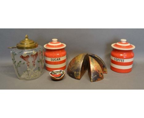 A Ceramic Sculpture in Three Sections with Abstract Iridescent Glaze, signed C Swan, together with two TG Green &amp; Co red 