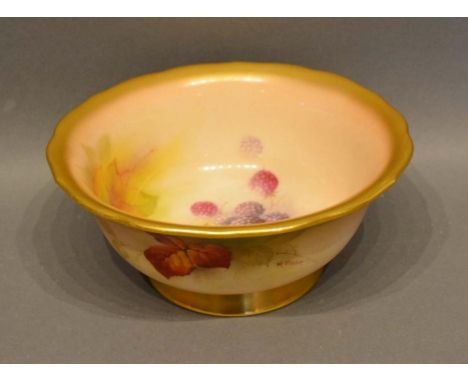 A Royal Worcester Blush Ivory Bowl decorated with blackberries amongst foliage and highlighted in gilt, signed K Blake, 18cm 
