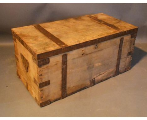 A Pine and Metal Bound Trunk with hinged top and side handles, 91 x 46 x 42cm 