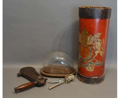 A Cylindrical Stick Stand, painted and bearing a  crest, together with a football rattle and various other items 