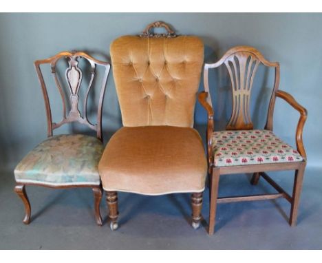 A Victorian Button Back Chair, together with two side chairs 