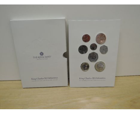 A Royal Mint 2023 King Charles III Definitives, UK Brilliant Uncirculated Coin Set, 8 coins 1p to £2 on card with outer card 