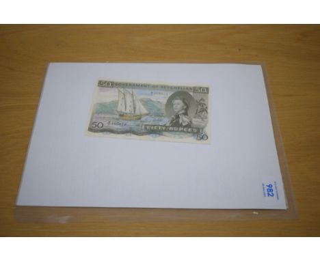A 1973 Government of Seychelles Fifty Rupees Banknote, 1st August 1973, signed Greatbatch, Serial Number A1 168873, on the ri