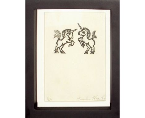 Brendan Hansbro, Unicorns,wood engraving,edition: 1 of 20, signed, framed,16 x 12cm framed size, 5 x 7cm image size, On show 