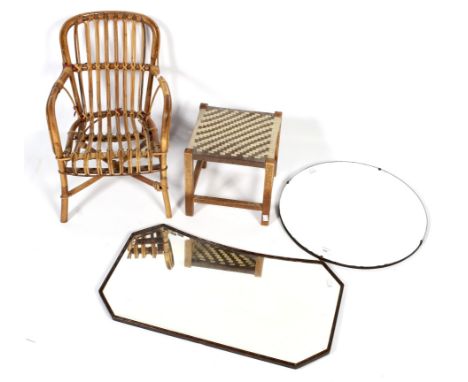 A child's wicker chair, a foot stool and two vintage bevelled edge wall mirrors. The chair with a bamboo frame, H55cm, the st