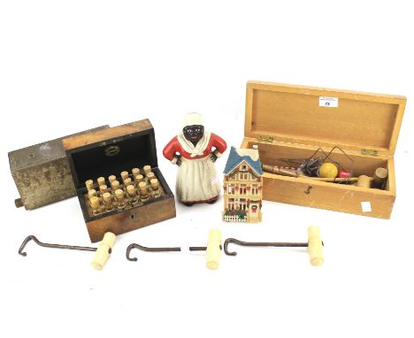 Assorted collectables. To include a set of pharmacy bottles in original fitted box, a table top croquet set, boot hooks with 