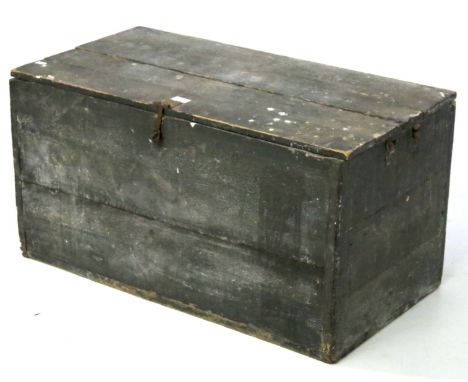 A wooden storage trunk. Painted dark green, with metal edging and latch, L87cm x D47cm x H47cm