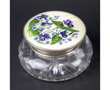 A George VI silver and enamel topped glass pot. The cover decorated with floral sprays on a white ground, maker Joseph Gloste