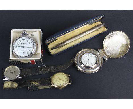 An assortment of watches and a silver pencil. Comprising a Timex and Sekonda wristwatch, Intersol pocket watch and a 'Shell C