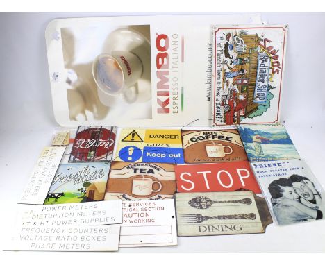 An assortment of  advertising signs, some enamel. To include 'Stop, danger keep out', etc, largest 41cm x 79cm
