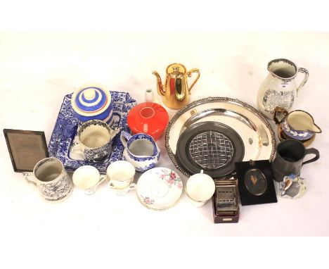 An assortment of ceramics and other collectables. To include Victorian tea cups and saucers, silver plated tray, pewter tanka