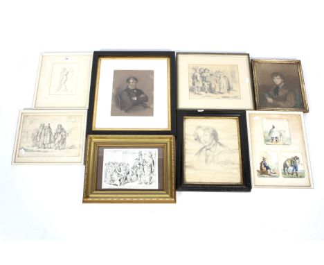 An assortment of 19th century and later prints and pictures. Including pencil drawings of angels, watercolours of farmers and