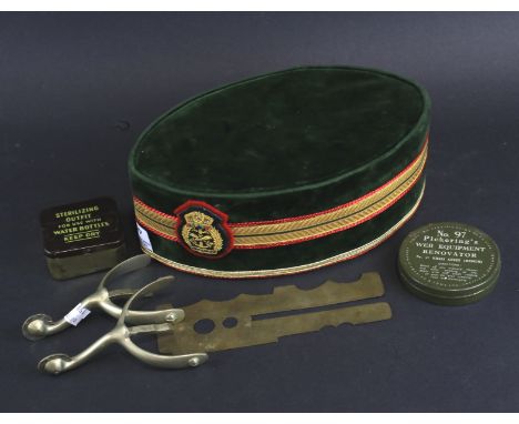 A small selection of military items. To include a Brunei hat with gilt decoration, pair of stirrups, two tins, etc 