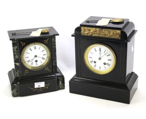 Two early 20th century slate mantel clocks. Both having enamel dials with Roman numerals denoting hours, one having marble de