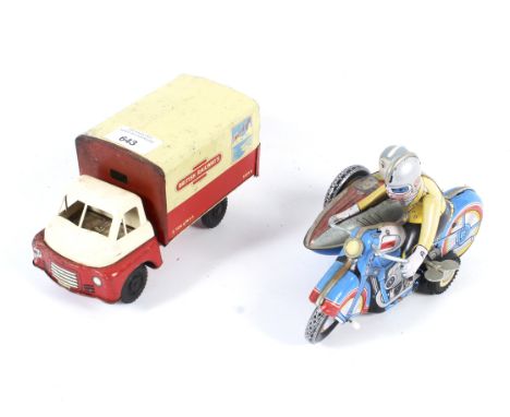 Two 20th century tinplate friction toys. Comprising a Wells Brimtoy 'British Railways' lorry and a Chinese motorcycle with si