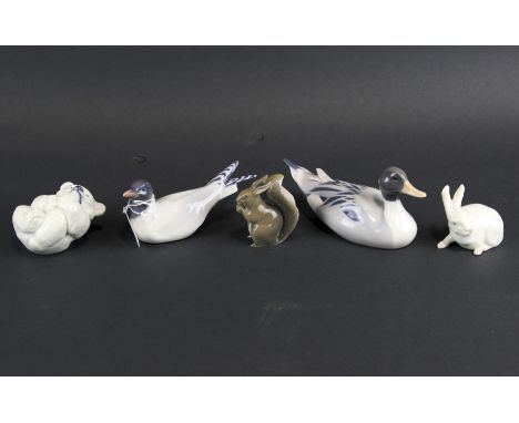 Five Royal Copenhagen ceramic figures of animals. Comprising a duck, seagull, polar bear, rabbit and squirrel