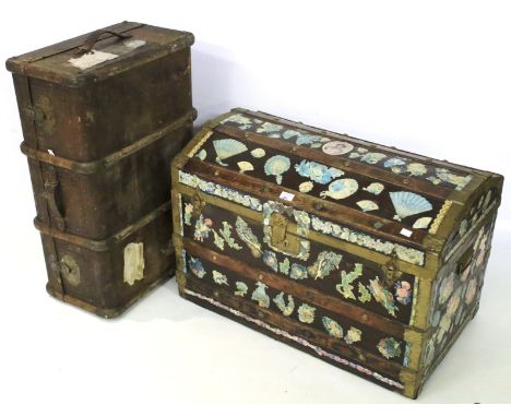 A wooden domed trunk and a wooden bound travelling trunk. The domed trunk decorated with glazed paper and lace details, L84cm
