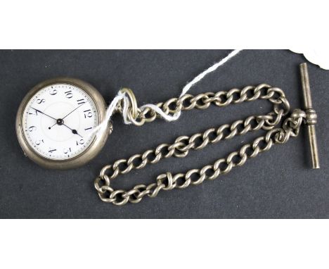 A white metal cased Red Cross fob watch with silver Albert chain. The white enamel dial with Arabic numerals