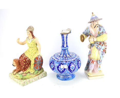 Two reproduction ceramic figures and a blue and white ceramic vase. To include a figure of Britannia, largest 42cm high (AF)