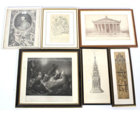 A group of six assorted prints. Including a portrait of young Ben Johnson, playwright, Coventry Cross, Temple of Artemis, etc