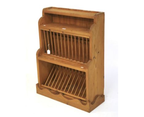 A contemporary pine wall hanging plate rack. Two tiers with a single shelf to the top, L72cm x D32cm x H94cm