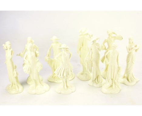 Ten Royal Worcester figures of ladies. To include Millie 1926, Diana 1921 and Poppy 1924, most with certificates, height 22cm