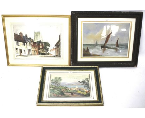 Three contemporary watercolours. Comprising a street scene with a church in the background, 48cm x 34cm, a European landscape