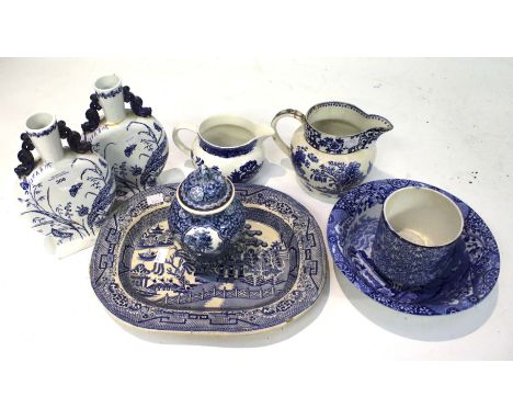 A group of Staffordshire blue and white pottery. Including a Copeland-Spode Italian pattern bowl, a Willow pattern serving di