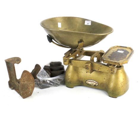 A set of E. J. Thornton &amp; Co Ltd brass scales. Together with a set of weights and two cast metal hooks